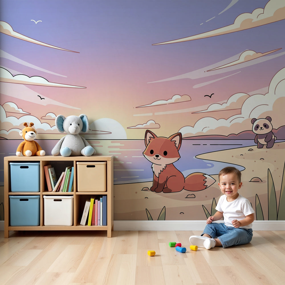 Fox and panda beach sunset mural wallpaper in modern nursery room by Kids-Mundo
