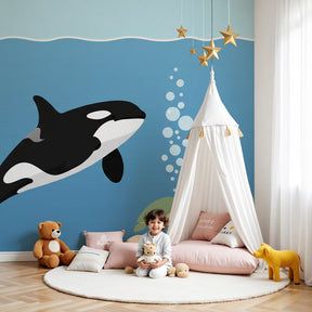 Ocean animals mural wallpaper with orca and sea turtles in modern nursery by Kids-Mundo