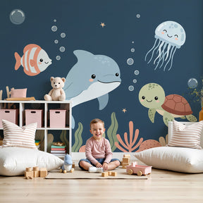 Ocean animals mural wallpaper with dolphin and sea creatures in modern kids nursery by Kids-Mundo