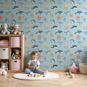 Ocean animals mural wallpaper with dolphins and jellyfish in modern nursery by Kids-Mundo