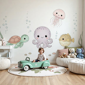 Ocean animals mural wallpaper creating underwater themed nursery with cute sea creatures by Kids-Mundo