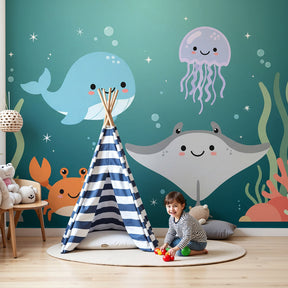 Ocean animals mural wallpaper in modern nursery with sea creatures creating underwater theme by Kids-Mundo