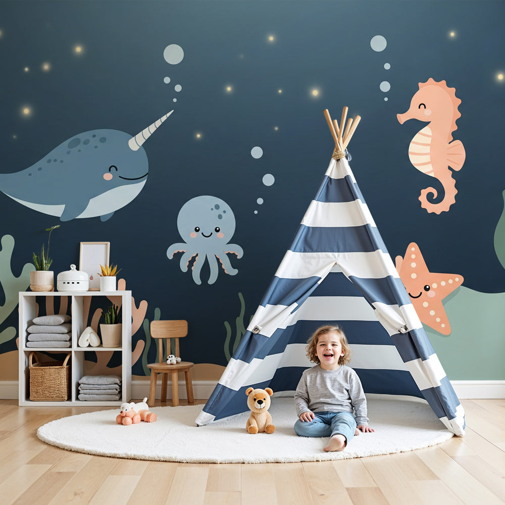 Ocean animals mural wallpaper with narwhal and sea creatures in modern kids nursery by Kids-Mundo