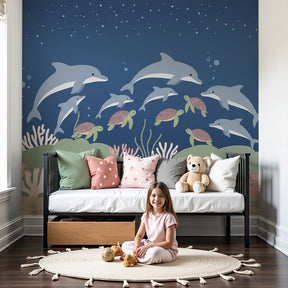 Ocean animals mural wallpaper with dolphins and sea turtles in modern nursery by Kids-Mundo