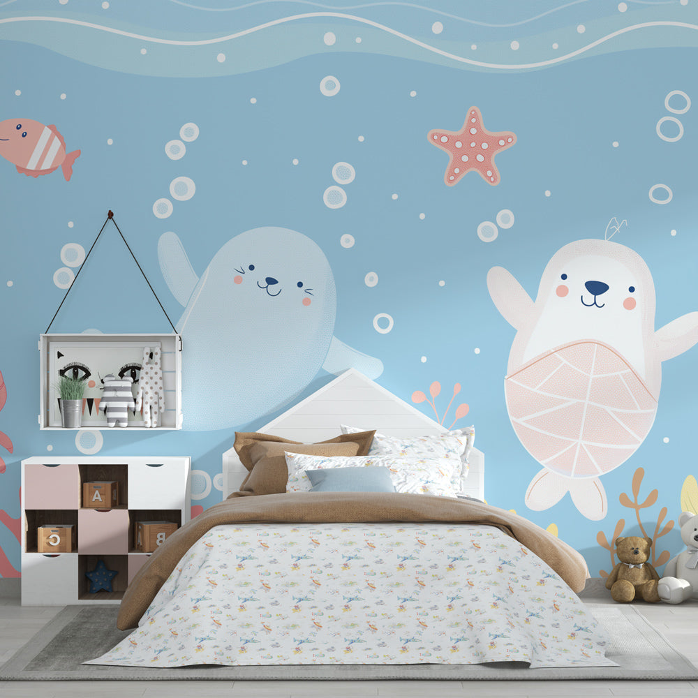 Enchanted marine mural wallpaper transforming children's playroom into ocean paradise