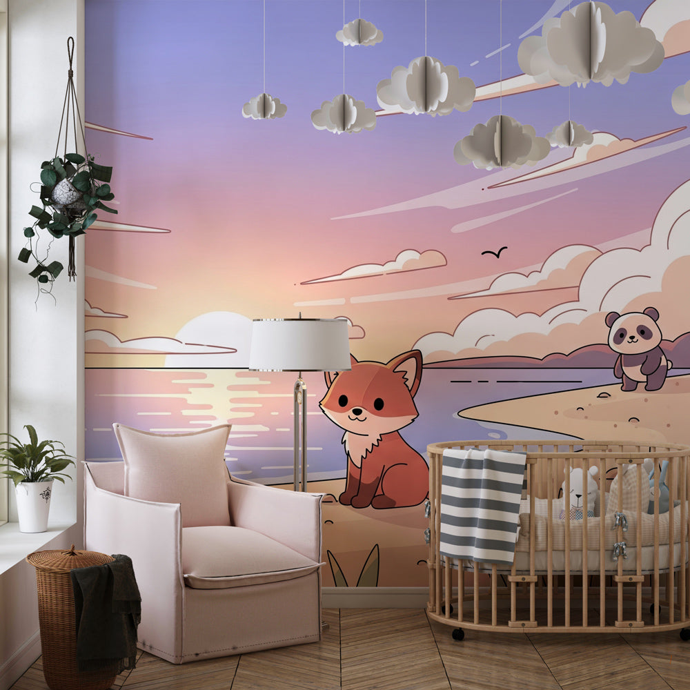 Beach themed fox panda mural wallpaper transforming kids playroom into seaside adventure