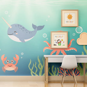 Sea life mural wallpaper featuring narwhal and seahorse in children's playroom setting