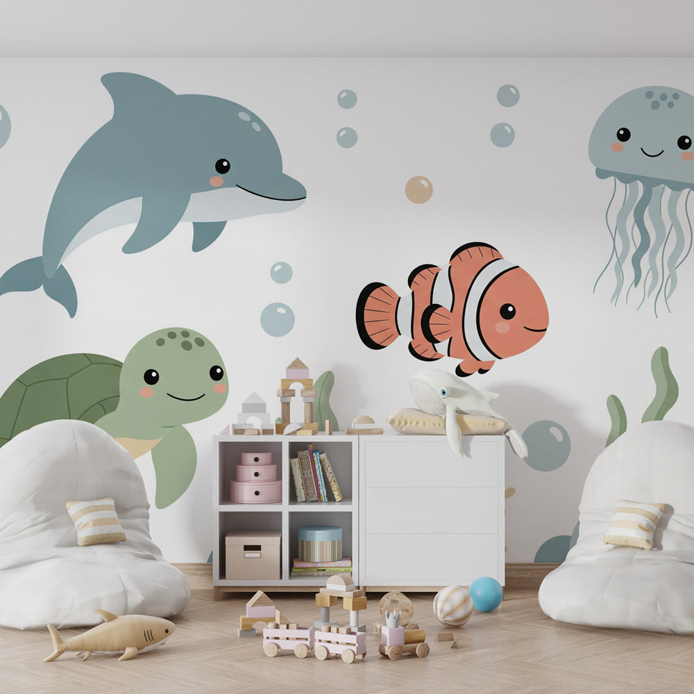 Marine life mural wallpaper featuring colorful coral reef scene in children's playroom