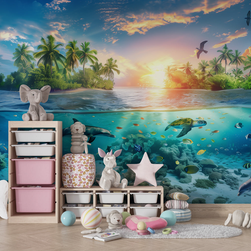 Blue ocean mural wallpaper with marine life decorating bright kids playroom space