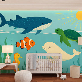 Sea creatures mural wallpaper transforming children's playroom into underwater sanctuary