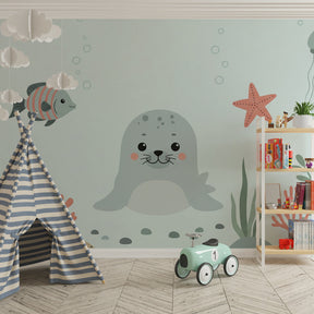 Cute seal and marine friends wallpaper transforming kids playroom into ocean paradise