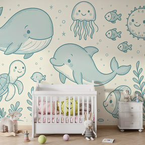 Marine life mural wallpaper featuring colorful fish and coral in children's playroom