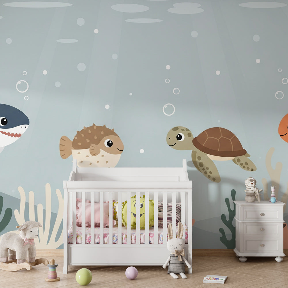 Marine life themed mural wallpaper transforming kids playroom into ocean adventure