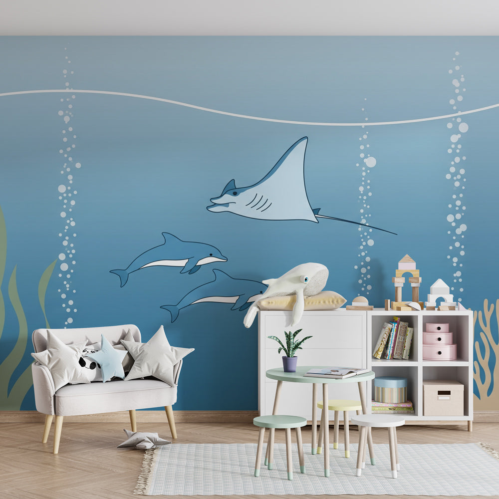 Dolphins and rays wallpaper transforming children's playroom into underwater adventure