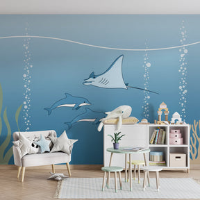 Dolphins and rays wallpaper transforming children's playroom into underwater adventure
