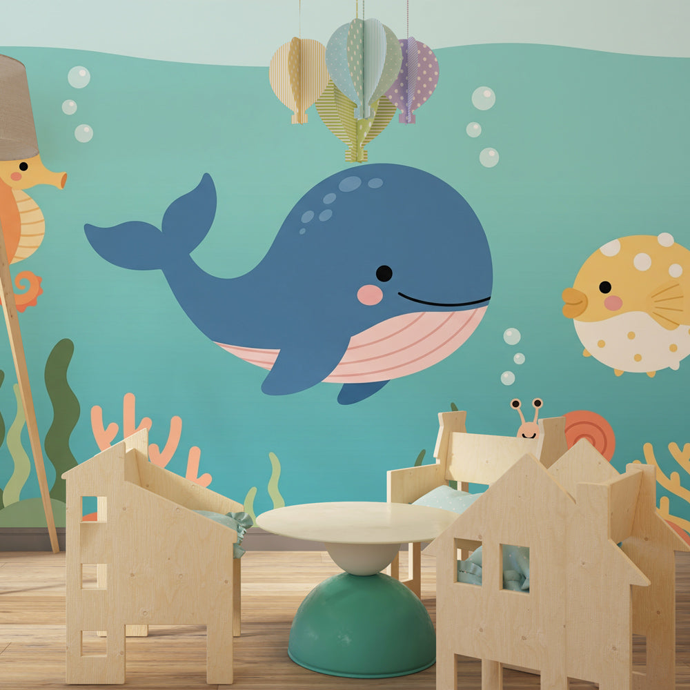 Sea life mural wallpaper with colorful coral and fish creating playful ocean atmosphere in kids room
