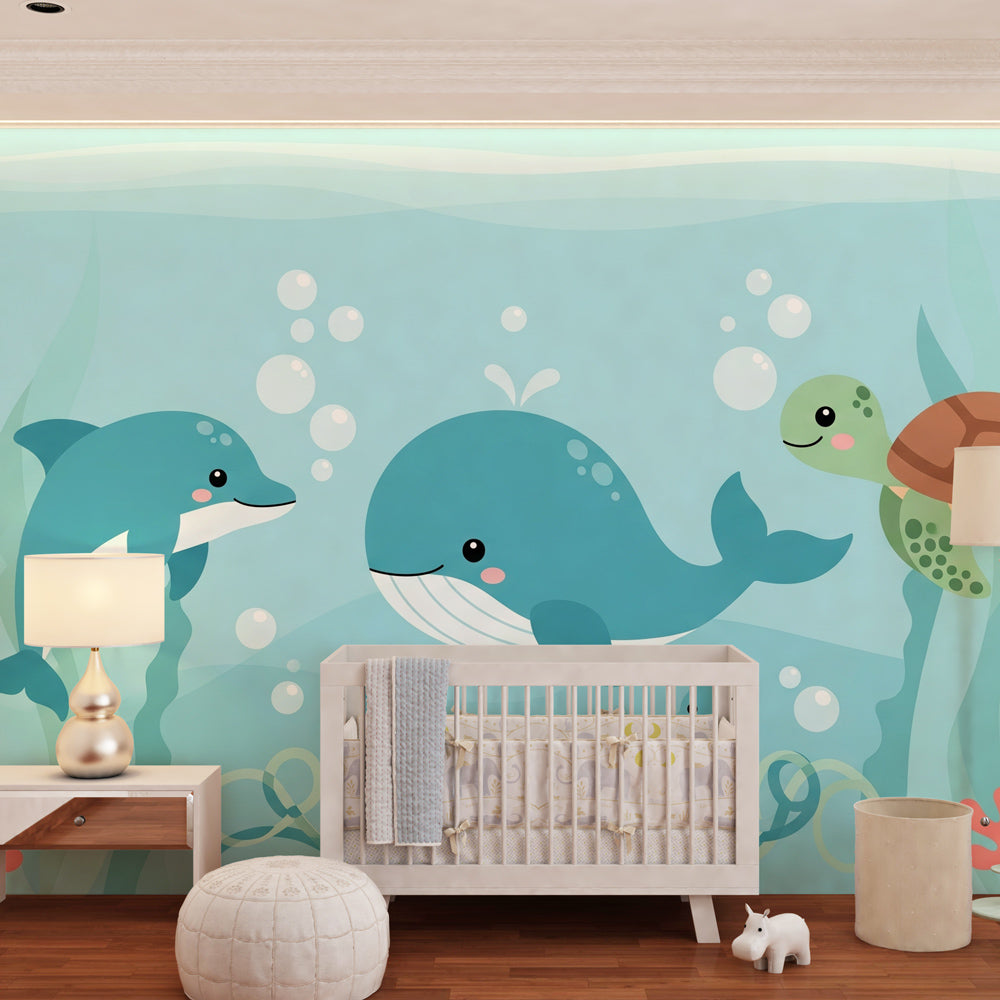 Sea creatures mural wallpaper featuring turtle and coral reef in kids playroom