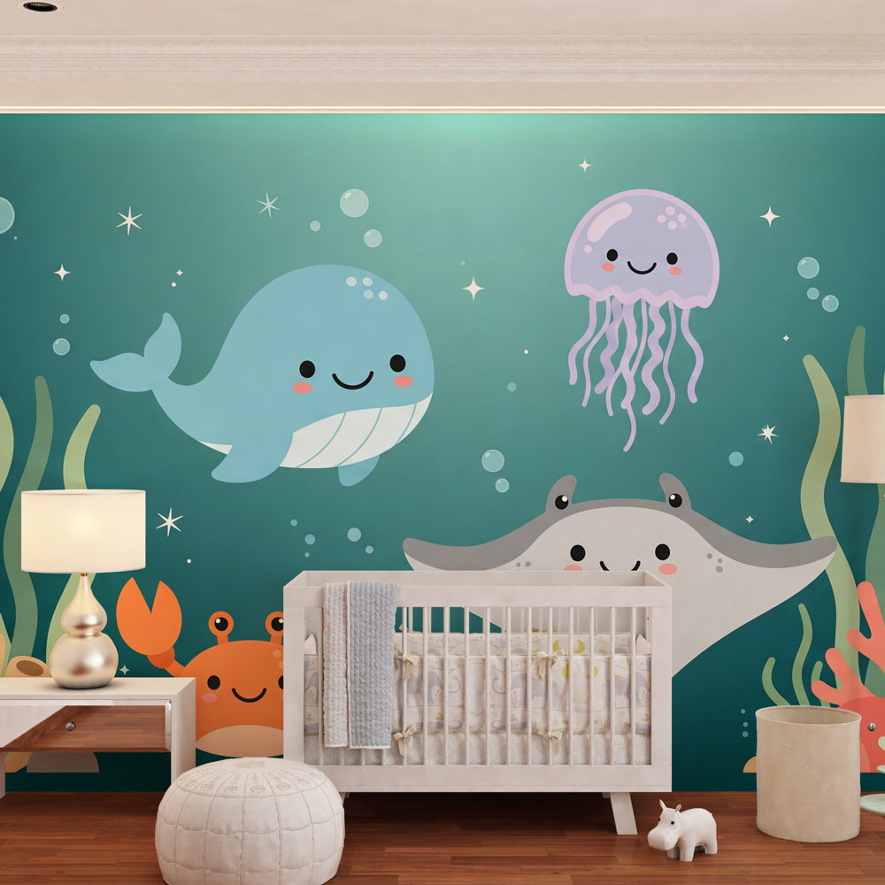Cheerful sea creatures wallpaper transforming toddler bedroom into magical underwater world