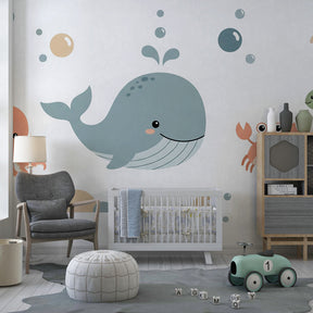 Marine life mural wallpaper with friendly ocean animals for toddler room decor