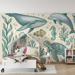Underwater adventure mural wallpaper creating aquatic atmosphere in kids playroom by Kids-Mundo