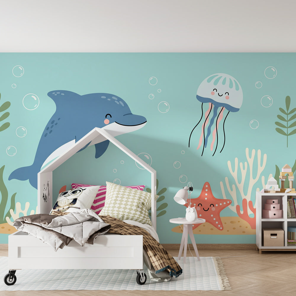 Underwater adventure wallpaper creating playful marine nursery decor with dolphins and jellyfish