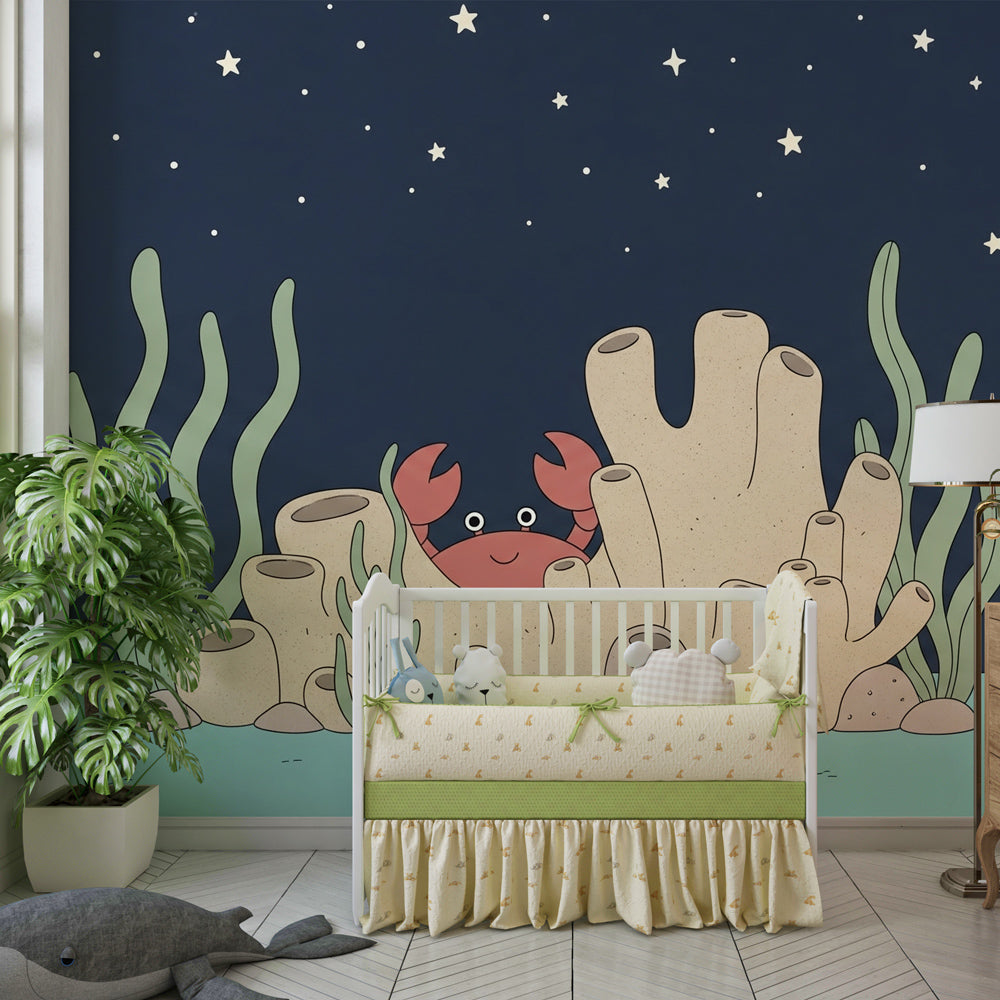 Underwater sea life mural wallpaper creating magical kids bedroom decor with cheerful crab