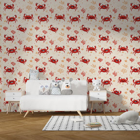Vibrant crab and coral mural wallpaper transforming kids playroom into underwater adventure space