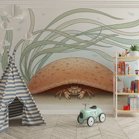 Marine life mural wallpaper featuring friendly crab in children's playroom setting
