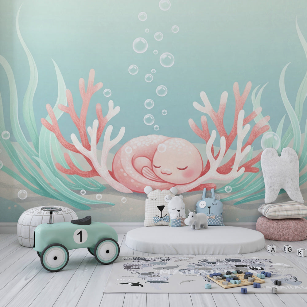 Marine life mural wallpaper with coral and sea creatures for children's bedroom by Kids-Mundo