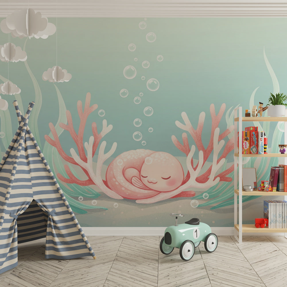 Underwater themed mural wallpaper featuring sleeping sea creature in kids playroom by Kids-Mundo