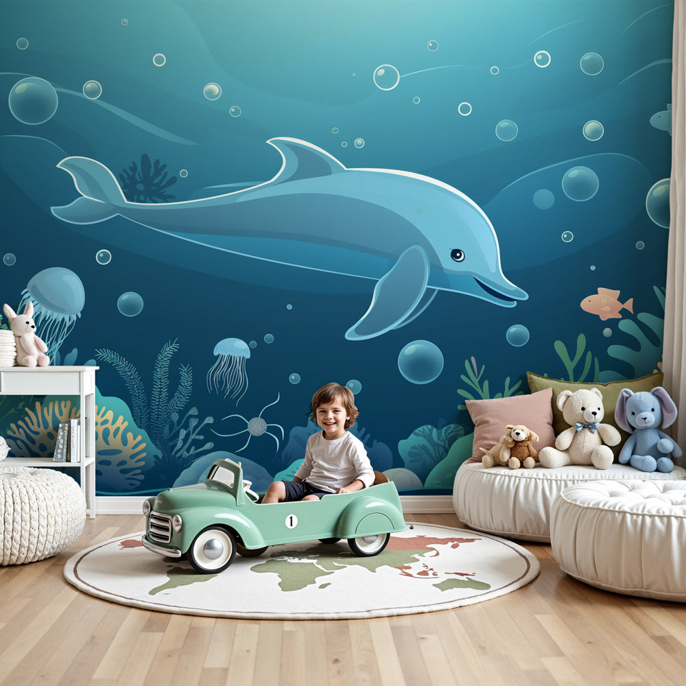 Ocean dolphin coral reef mural wallpaper in modern kids bedroom by Kids-Mundo