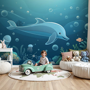 Ocean dolphin coral reef mural wallpaper in modern kids bedroom by Kids-Mundo