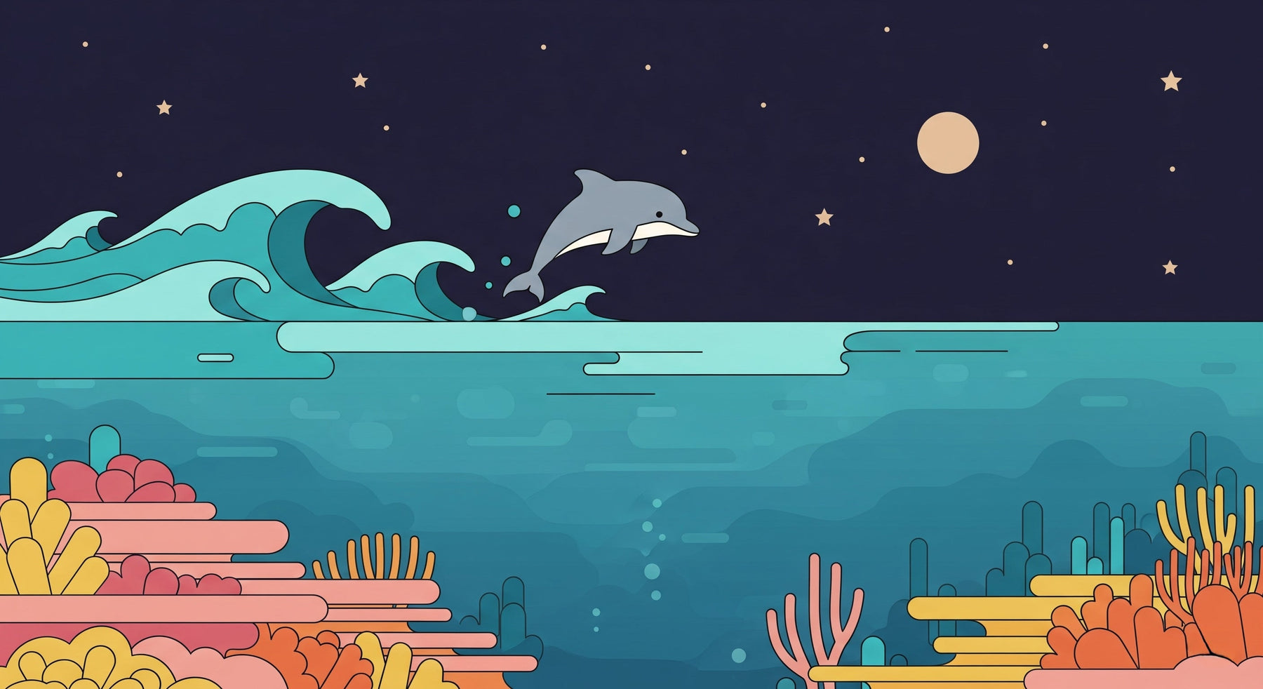 Detailed ocean dolphin mural wallpaper design pattern with coral reef by Kids-Mundo