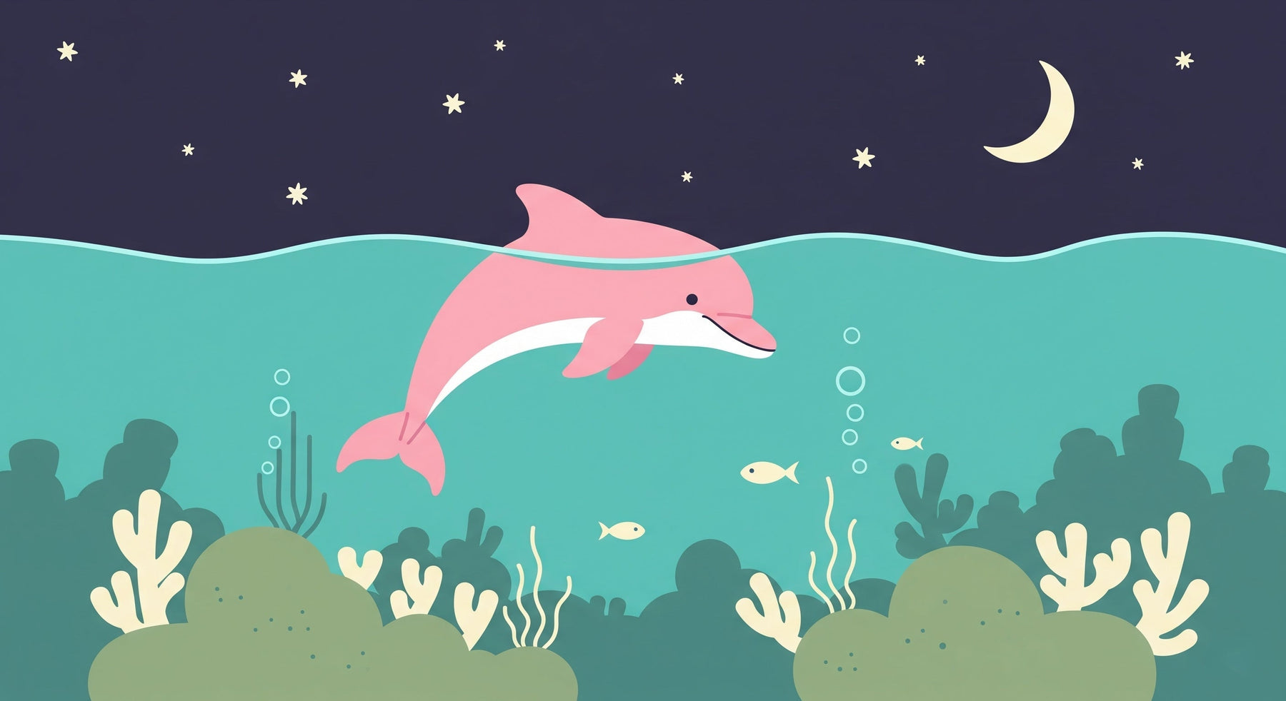Detailed ocean dolphin mural wallpaper design pattern with starry night underwater scene by Kids-Mundo