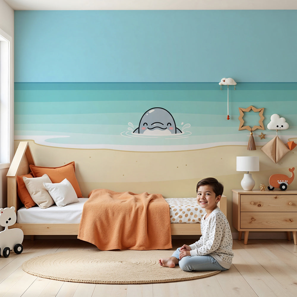 Ocean dolphin mural wallpaper in bright nursery with white crib by Kids-Mundo