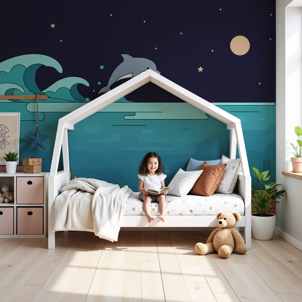 Ocean dolphin mural wallpaper creating underwater themed nursery decor by Kids-Mundo