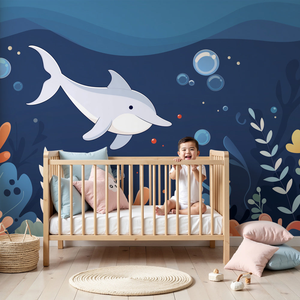 Ocean dolphin mural wallpaper creating magical underwater nursery decor by Kids-Mundo