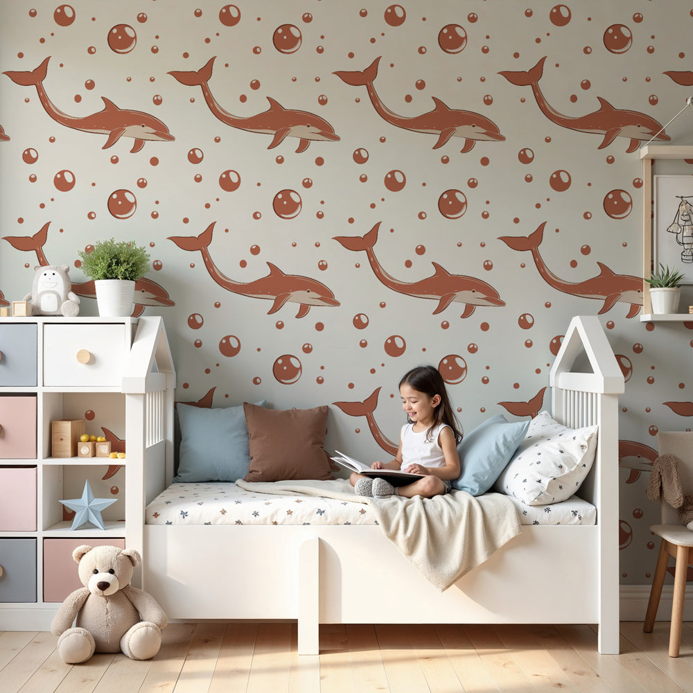 Ocean dolphin mural wallpaper with bubbles decorating modern nursery by Kids-Mundo