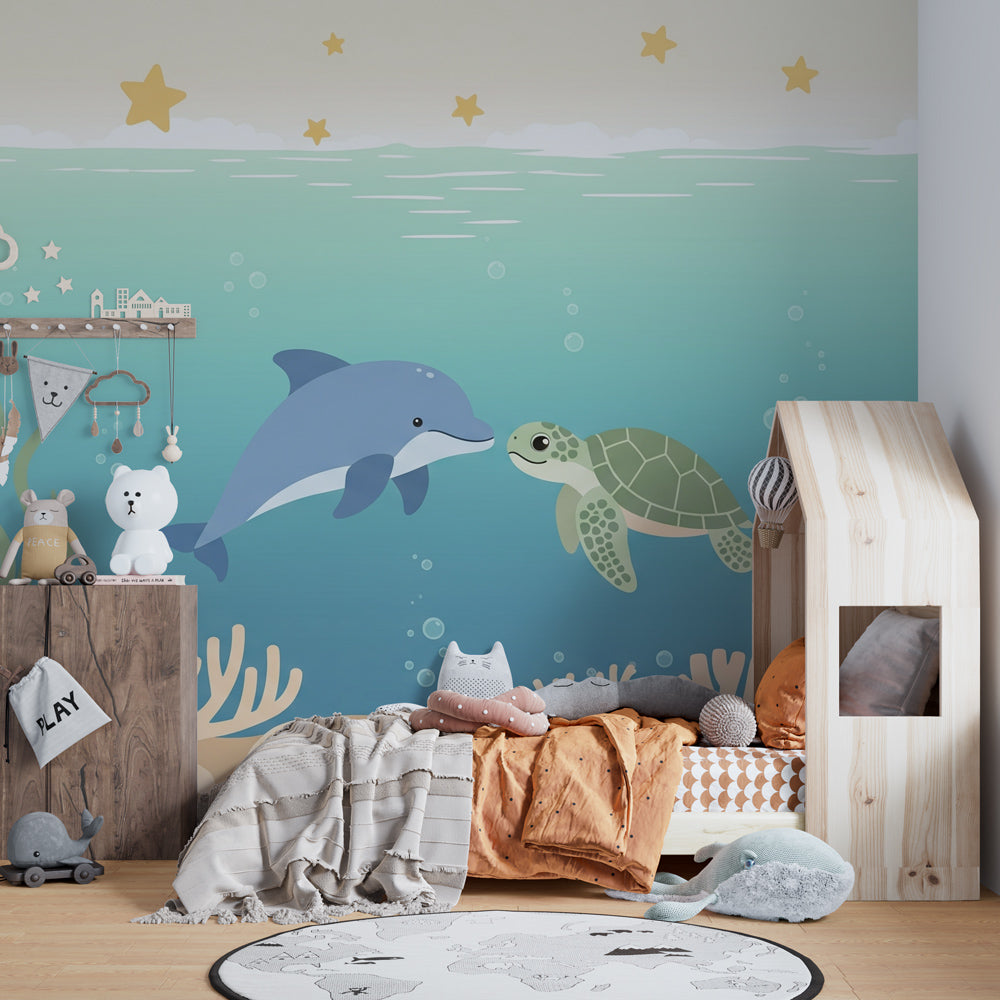 Marine life mural wallpaper with coral and sea animals transforming kids playroom into ocean sanctuary