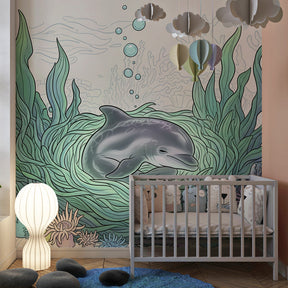 Marine themed dolphin wallpaper creating aquatic adventure space for kids by Kids-Mundo
