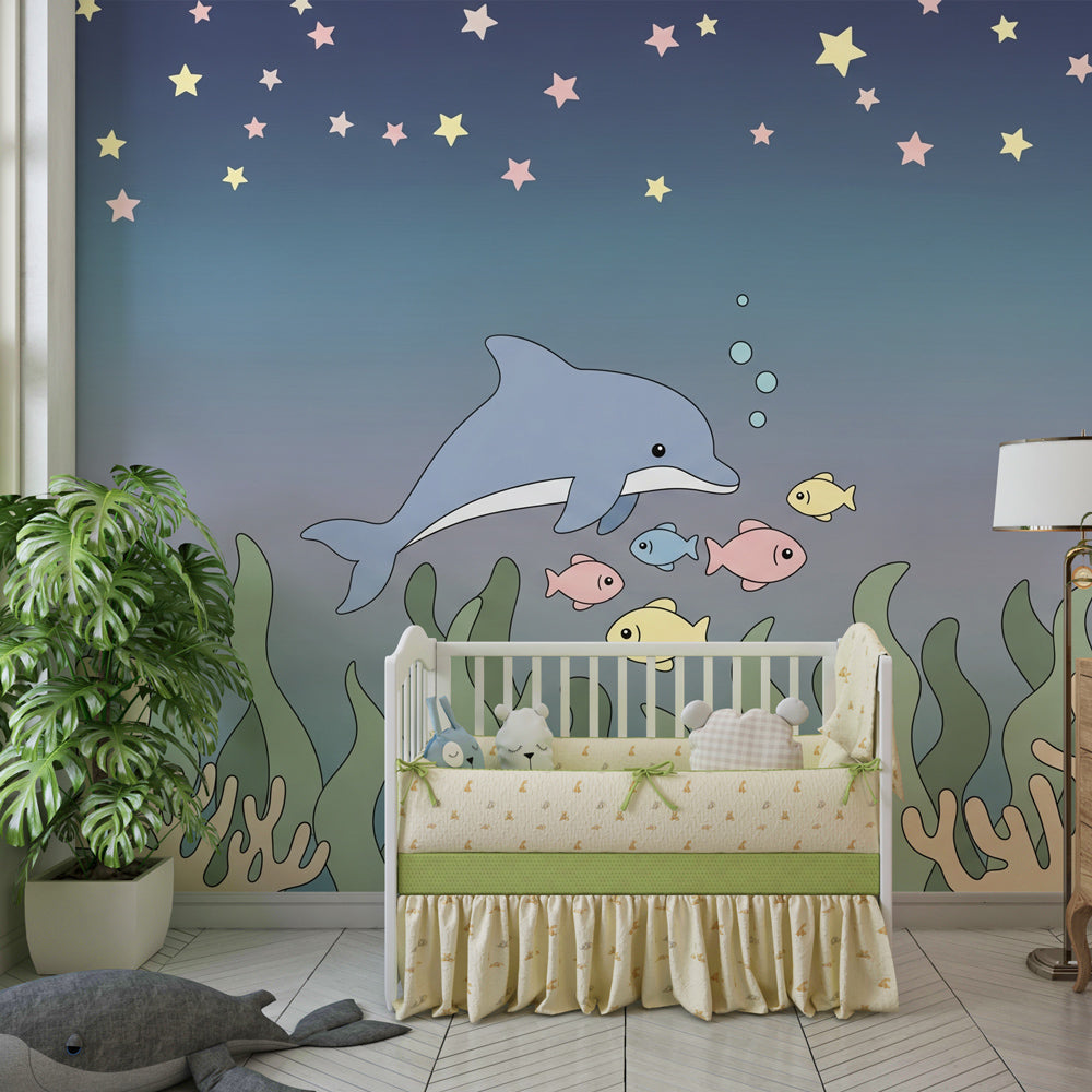 Marine life mural wallpaper with dolphins and coral in children's playroom setting