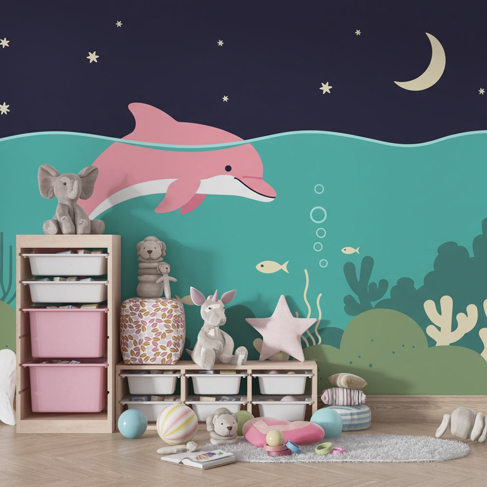 Underwater dolphin mural wallpaper with coral reef elements in children's playroom decor