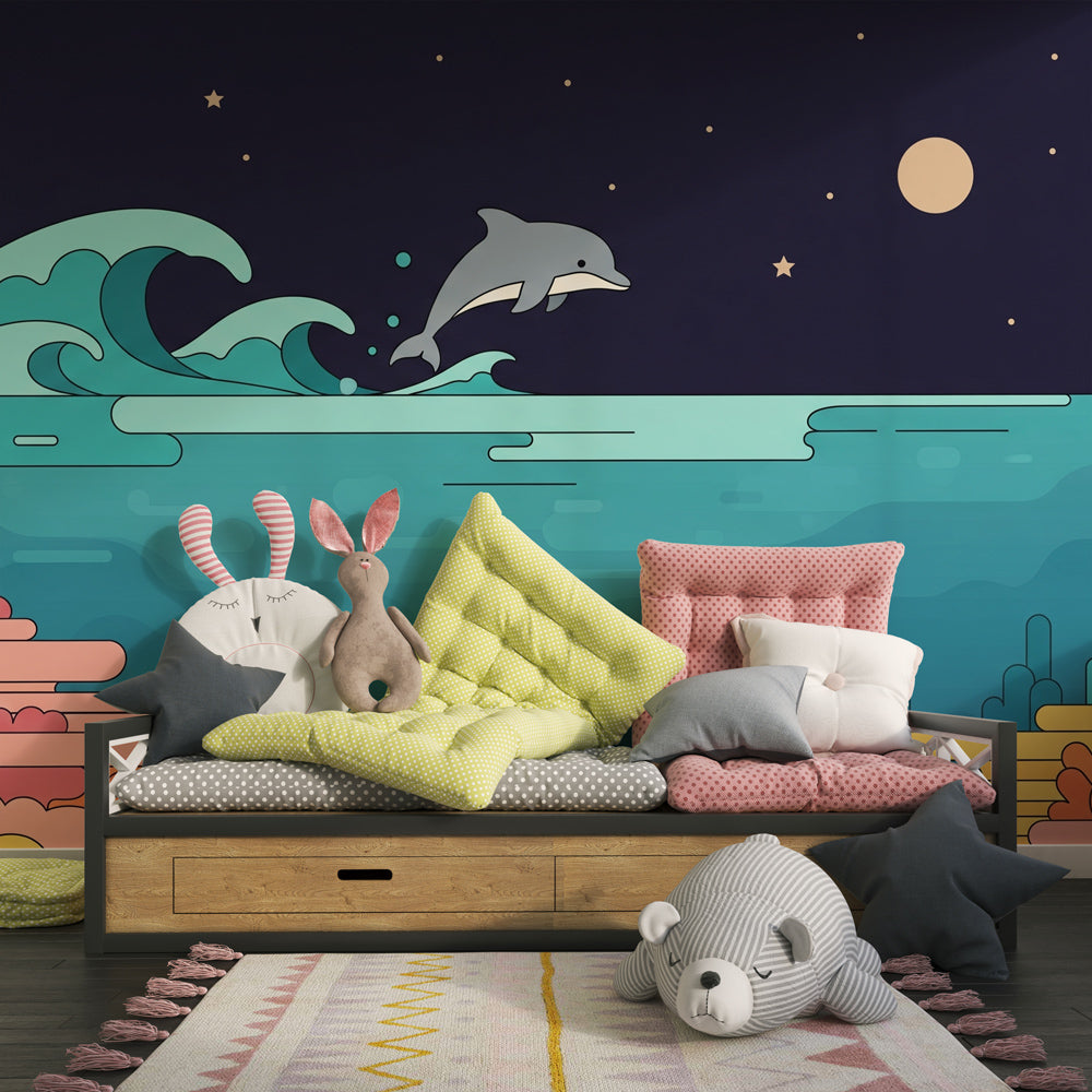 Marine themed dolphin mural wallpaper for children's playroom by Kids-Mundo