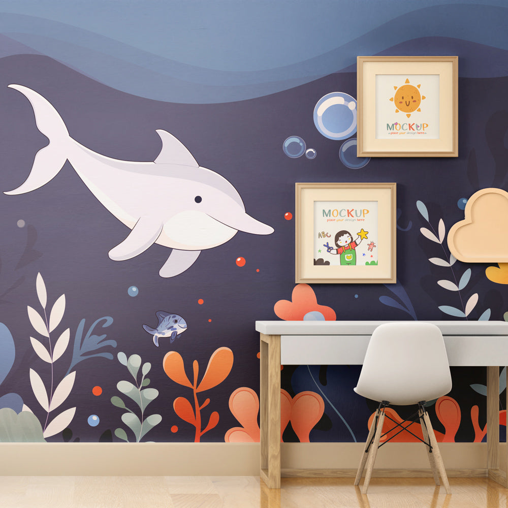 Vibrant dolphin and coral reef mural wallpaper in children's playroom by Kids-Mundo