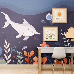 Vibrant dolphin and coral reef mural wallpaper in children's playroom by Kids-Mundo