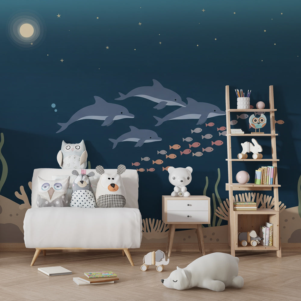 Playful dolphins wallpaper creating magical underwater atmosphere in kids bedroom decor