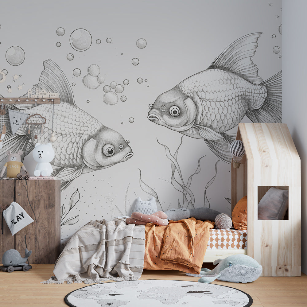 Serene underwater fish wallpaper creating peaceful atmosphere in children's bedroom decor