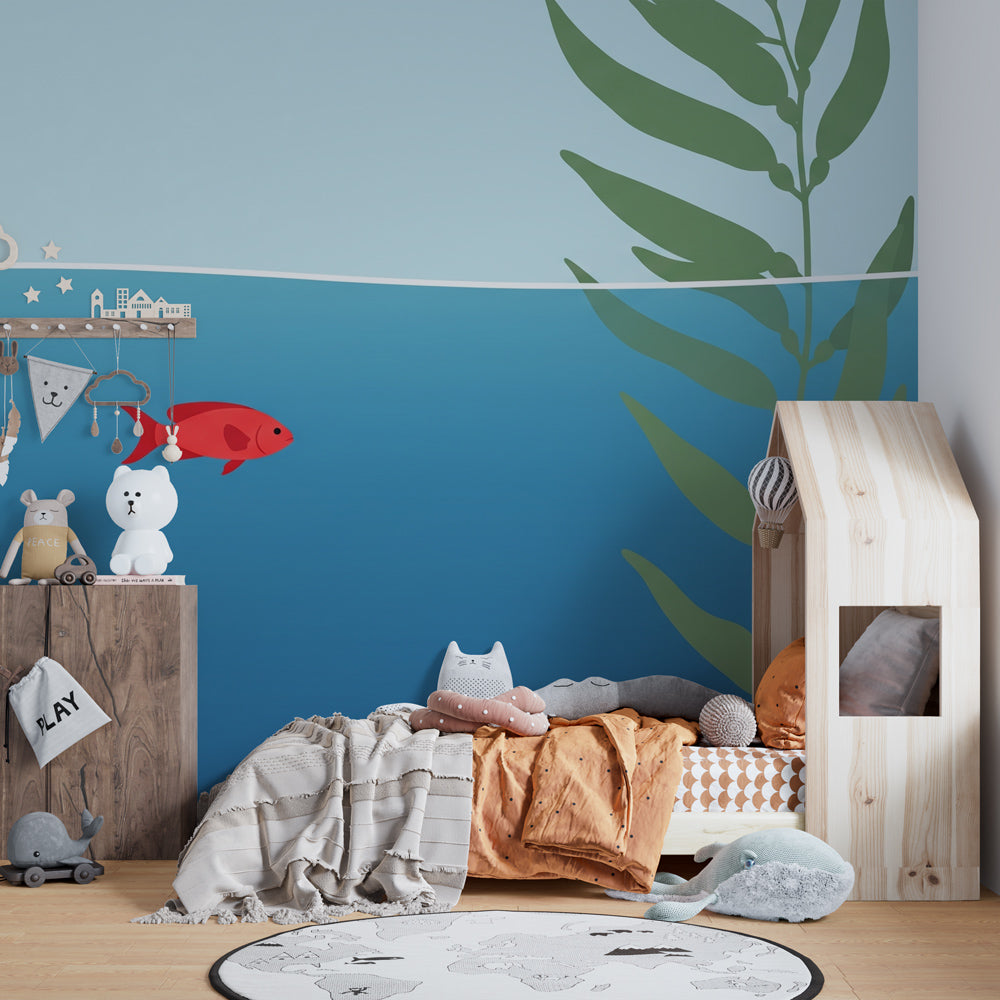 Underwater scene wallpaper with goldfish and coral decorating children's bedroom wall