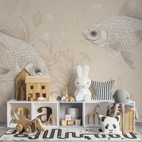 Aquatic mural wallpaper with soft beige tones for calming kids room atmosphere by Kids-Mundo