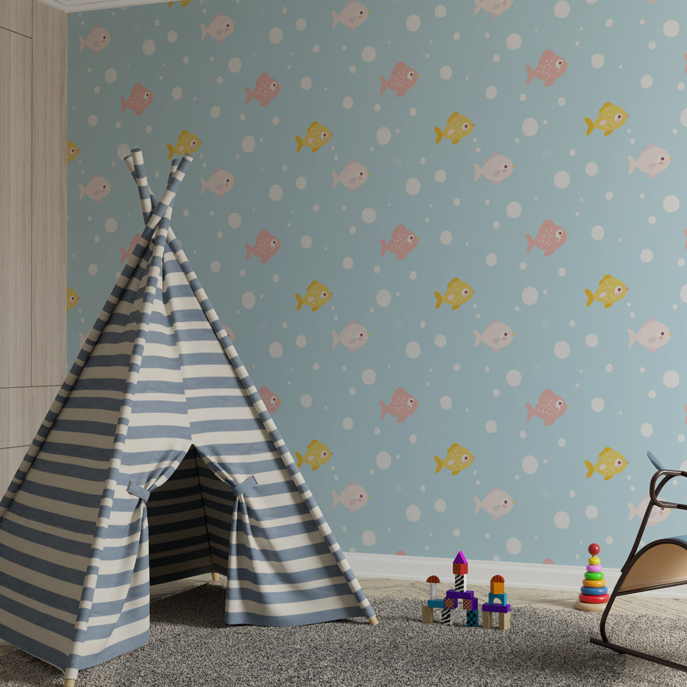 Soft blue ocean fish mural wallpaper with white bubbles for calming kids room atmosphere